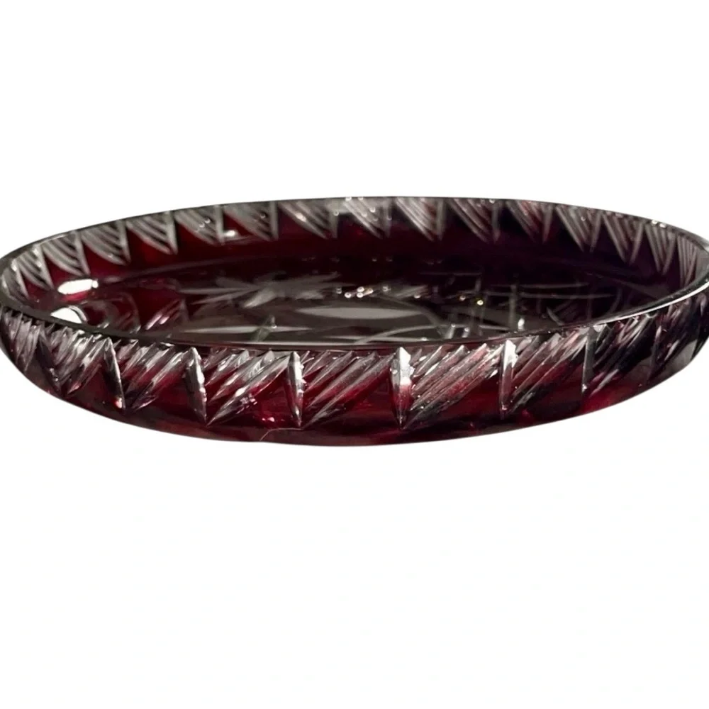 Bohemian Czech Ruby Cut to Clear Crystal Bowl Plate Centerpiece 11